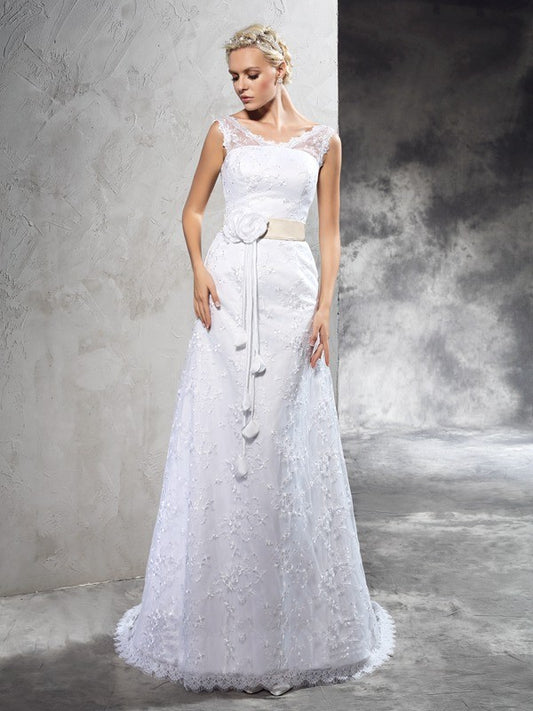 Sheath/Column Sheer Neck Hand-Made Flower Sleeveless Long Satin Wedding Dresses Bridal Gowns