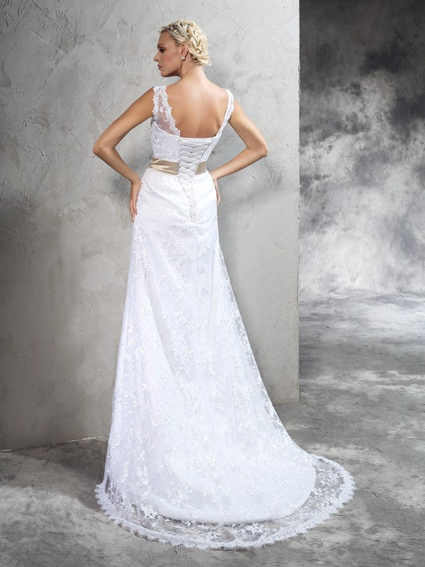 Sheath/Column Sheer Neck Hand-Made Flower Sleeveless Long Satin Wedding Dresses Bridal Gowns