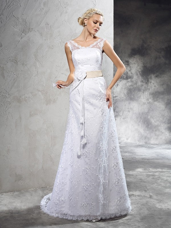 Sheath/Column Sheer Neck Hand-Made Flower Sleeveless Long Satin Wedding Dresses Bridal Gowns