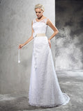 Sheath/Column Sheer Neck Hand-Made Flower Sleeveless Long Satin Wedding Dresses Bridal Gowns