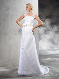 Sheath/Column Sheer Neck Hand-Made Flower Sleeveless Long Satin Wedding Dresses Bridal Gowns