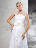 Sheath/Column Sheer Neck Hand-Made Flower Sleeveless Long Satin Wedding Dresses Bridal Gowns