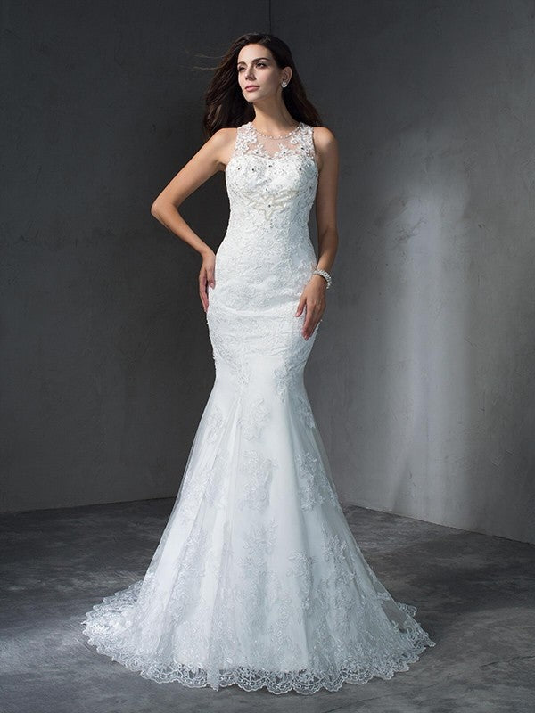 Trumpet/Mermaid Scoop Applique Sleeveless Long Lace Wedding Dresses Bridal Gowns