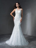 Trumpet/Mermaid Scoop Applique Sleeveless Long Lace Wedding Dresses Bridal Gowns