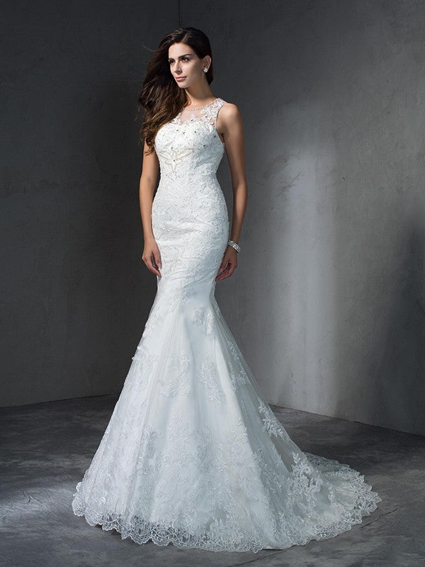 Trumpet/Mermaid Scoop Applique Sleeveless Long Lace Wedding Dresses Bridal Gowns