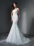 Trumpet/Mermaid Scoop Applique Sleeveless Long Lace Wedding Dresses Bridal Gowns