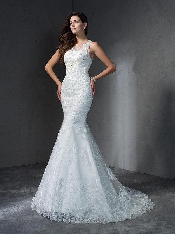 Trumpet/Mermaid Scoop Applique Sleeveless Long Lace Wedding Dresses Bridal Gowns