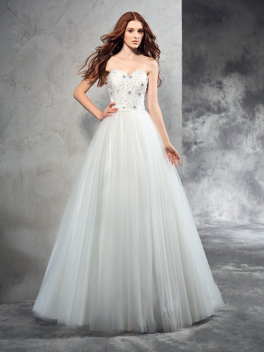 A-Line/Princess Sweetheart Beading Sleeveless Long Net Wedding Dresses Bridal Gowns