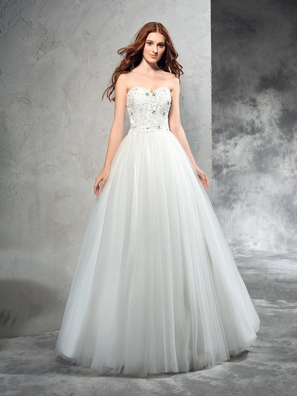 A-Line/Princess Sweetheart Beading Sleeveless Long Net Wedding Dresses Bridal Gowns