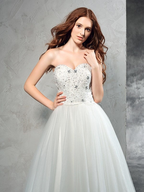 A-Line/Princess Sweetheart Beading Sleeveless Long Net Wedding Dresses Bridal Gowns - White / Custom Size A-Line/Princess Sweetheart Beading Sleeveless Long Net Wedding Dresses Bridal Gowns - White / Custom Size