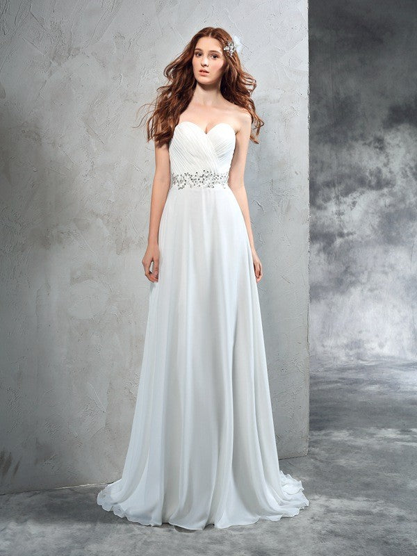 Vestidos de novia largos de gasa sin mangas con escote corazón y pliegues de corte A/princesa
