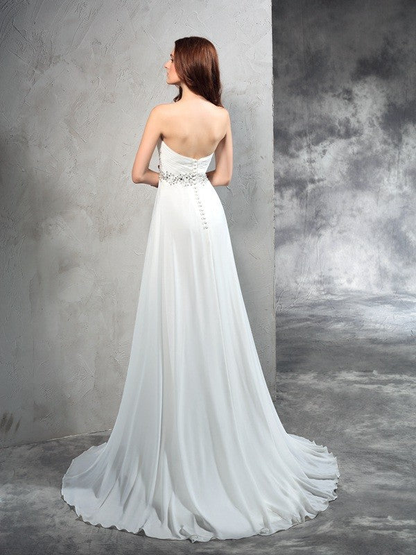 Vestidos de novia largos de gasa sin mangas con escote corazón y pliegues de corte A/princesa