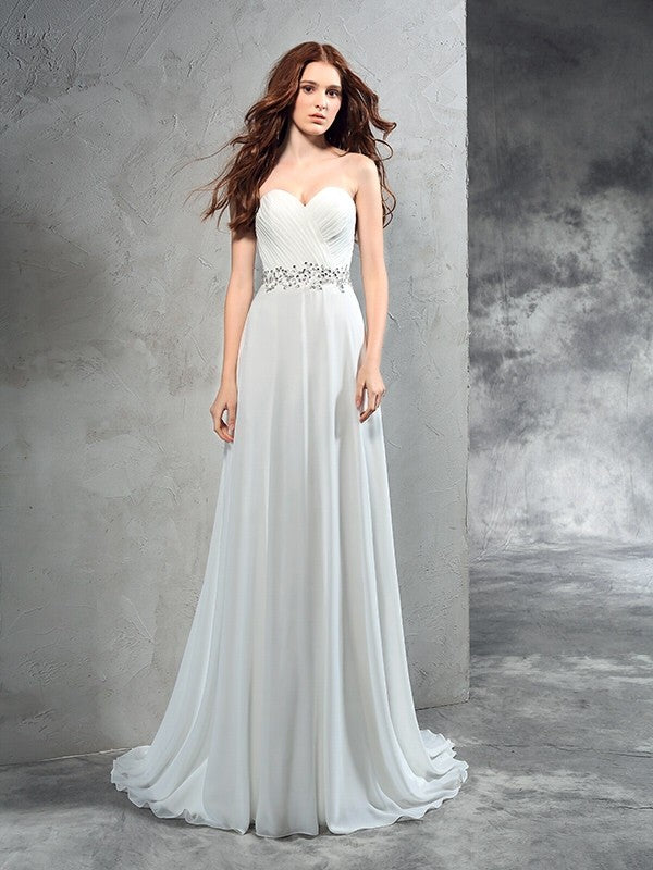 Vestidos de novia largos de gasa sin mangas con escote corazón y pliegues de corte A/princesa