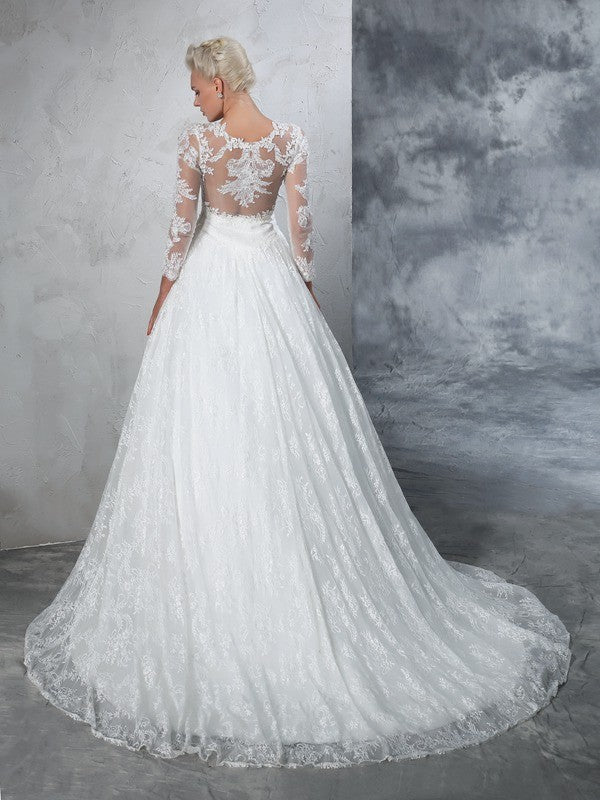 Ball Gown Jewel Lace Long Sleeves Long Lace Wedding Dresses Bridal Gowns