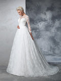 Ball Gown Jewel Lace Long Sleeves Long Lace Wedding Dresses Bridal Gowns