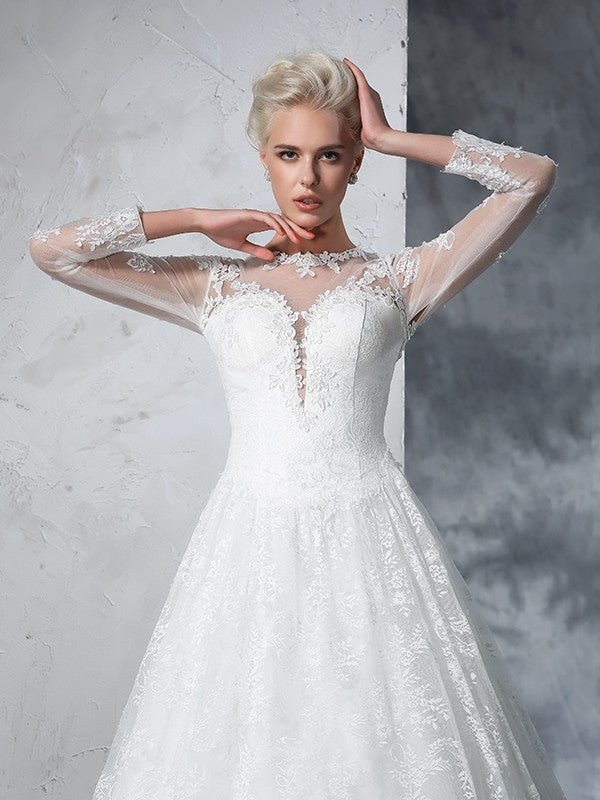 Ball Gown Jewel Lace Long Sleeves Long Lace Wedding Dresses Bridal Gowns