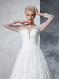 Ball Gown Jewel Lace Long Sleeves Long Lace Wedding Dresses Bridal Gowns