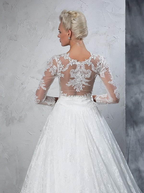 Ball Gown Jewel Lace Long Sleeves Long Lace Wedding Dresses Bridal Gowns