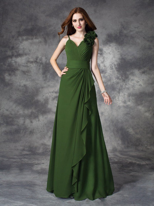 A-line/Princess V-neck Hand-Made Flower Sleeveless Long Chiffon Bridesmaid Dresses Evening Prom Dress