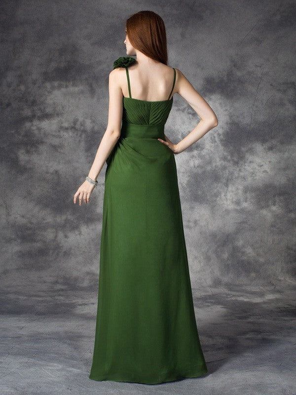 A-line/Princess V-neck Hand-Made Flower Sleeveless Long Chiffon Bridesmaid Dresses Evening Prom Dress