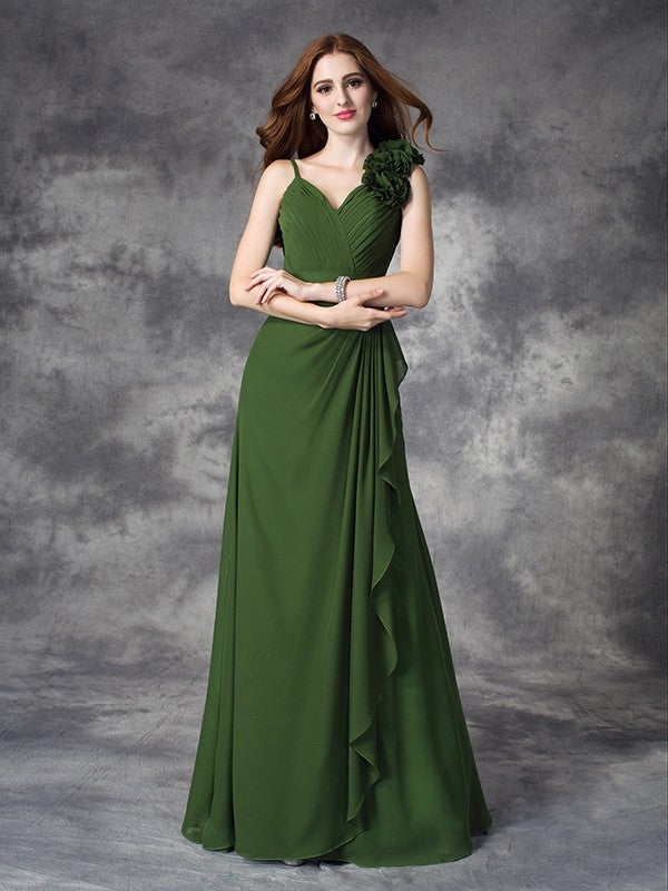 A-line/Princess V-neck Hand-Made Flower Sleeveless Long Chiffon Bridesmaid Dresses Evening Prom Dress