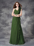 A-line/Princess V-neck Hand-Made Flower Sleeveless Long Chiffon Bridesmaid Dresses Evening Prom Dress
