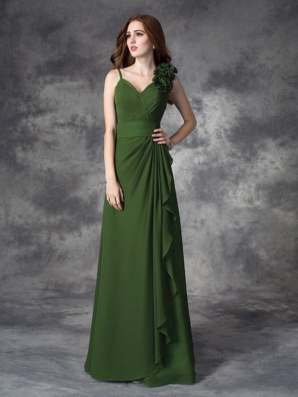 A-line/Princess V-neck Hand-Made Flower Sleeveless Long Chiffon Bridesmaid Dresses Evening Prom Dress