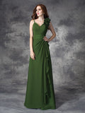 A-line/Princess V-neck Hand-Made Flower Sleeveless Long Chiffon Bridesmaid Dresses Evening Prom Dress