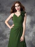 A-line/Princess V-neck Hand-Made Flower Sleeveless Long Chiffon Bridesmaid Dresses Evening Prom Dress