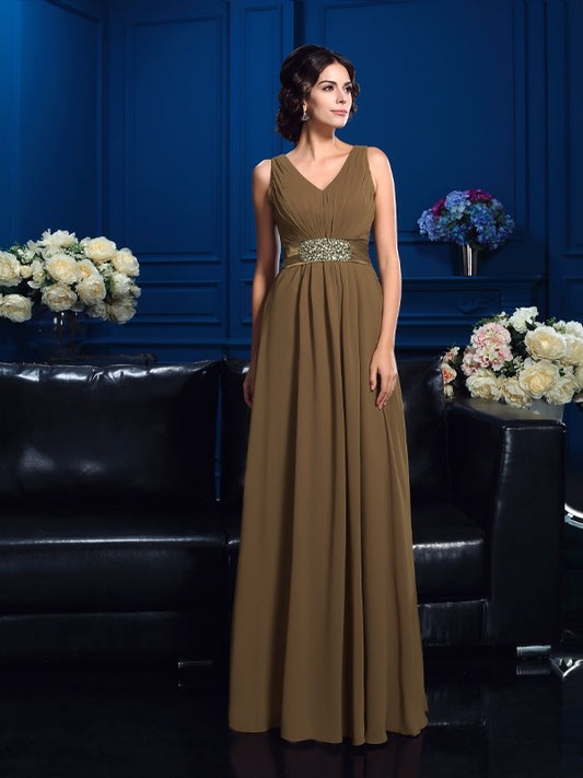 A-Linie/Princess-Linie V-Ausschnitt Falten Ärmellos Lang Chiffon Brautmutterkleider