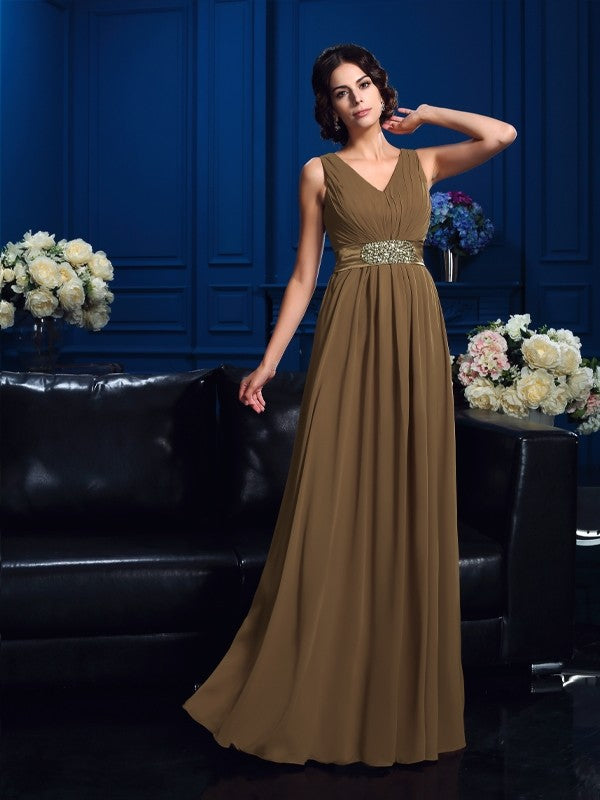 Vestidos de gasa largos para madre de la novia, corte A/princesa, escote en V, plisados, sin mangas