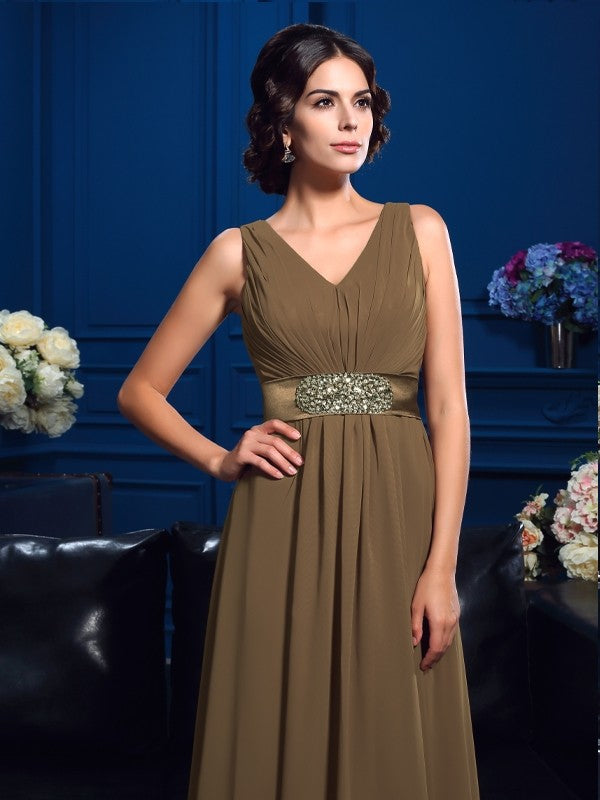 Vestidos de gasa largos para madre de la novia, corte A/princesa, escote en V, plisados, sin mangas