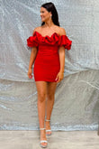 Red Off-the-Shoulder Bodycon Cocktail Dress with Ruffles