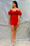 Red Off-the-Shoulder Bodycon Cocktail Dress with Ruffles