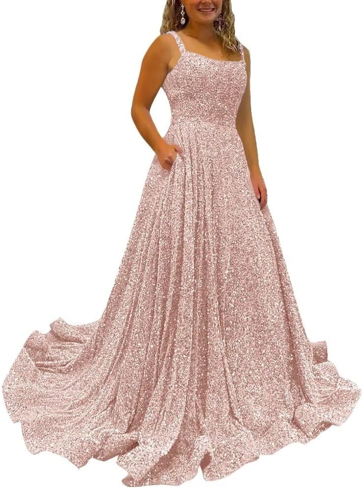 Kingbridal Gowns Spaghetti Straps Prom Dresses Long for Women 2026 A Line Sequin Satin Formal Evening Party Ball Gowns with Slit
