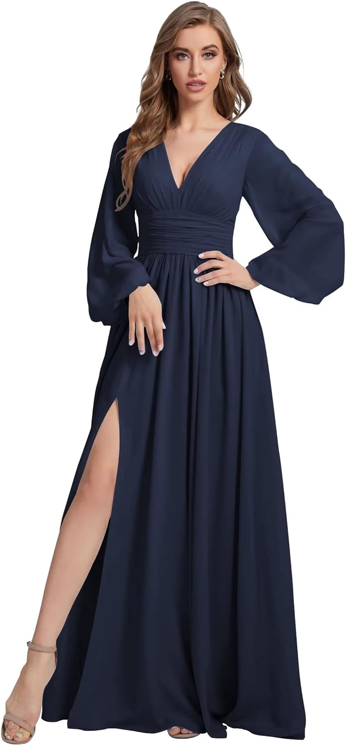 Womens V-Neck Long Sleeve Bridesmaid Dresses with Slit 2024 Ruched A-line Chiffon Prom Formal Dresses
