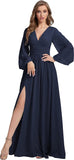 Womens V-Neck Long Sleeve Bridesmaid Dresses with Slit 2024 Ruched A-line Chiffon Prom Formal Dresses