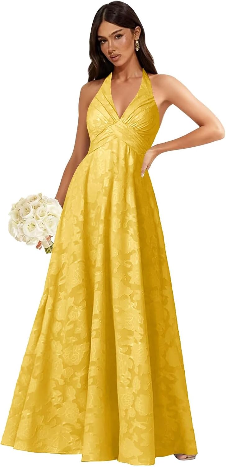Floral Lace Bridesmaid Dresses for Women Long V Neck A-Line Open Back Halter Formal Evening Gown