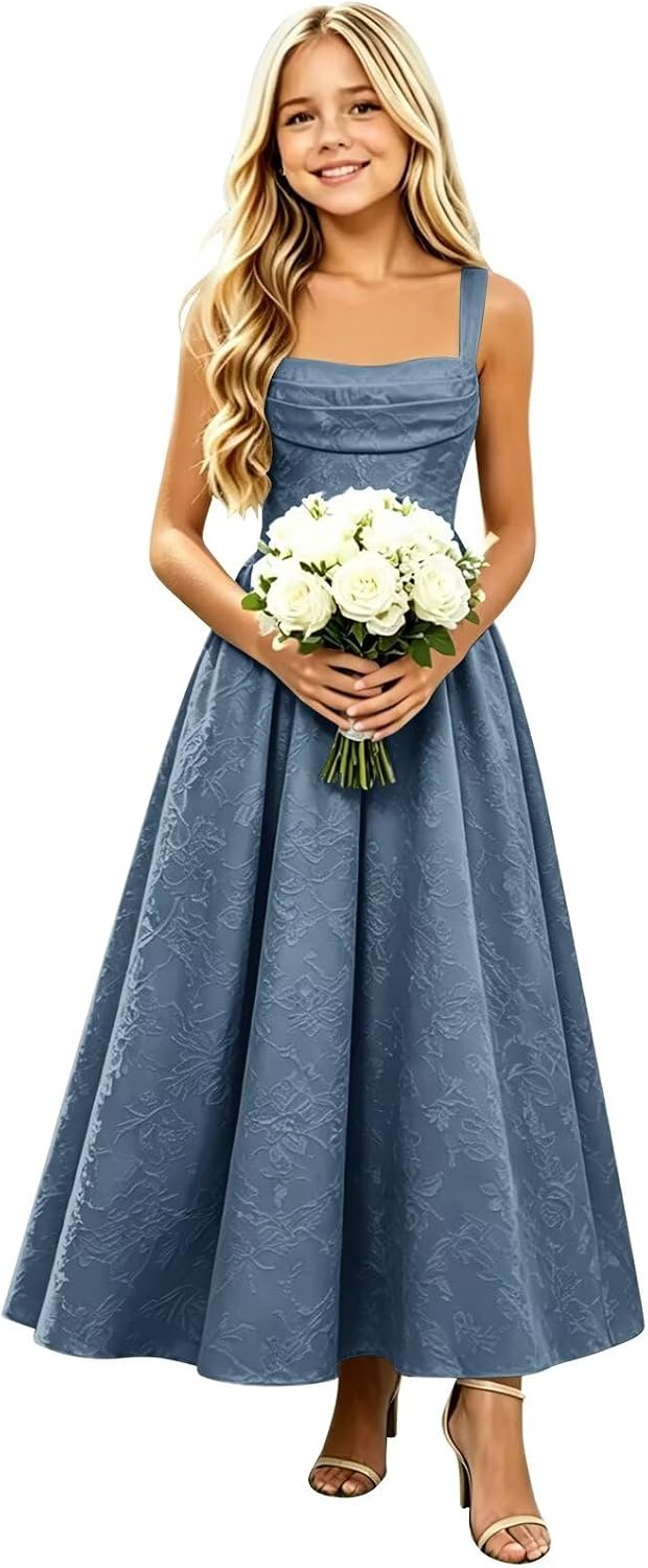 Girls Floral Satin Jacquard Junior Bridesmaid Dresses Long Ruched Flower Girl Dress for Wedding