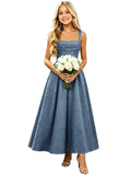 Girls Floral Satin Jacquard Junior Bridesmaid Dresses Long Ruched Flower Girl Dress for Wedding