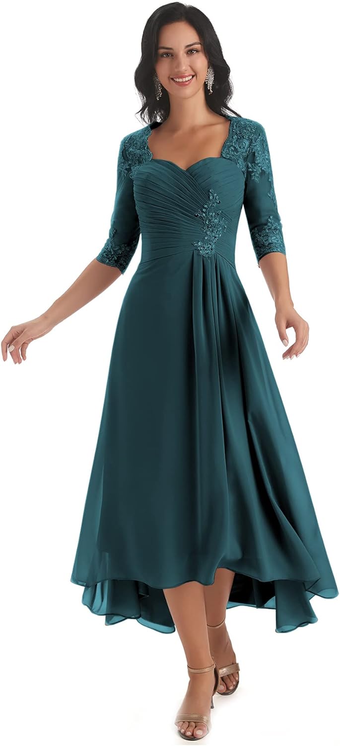 Women's Tea Length Mother of The Bride Dresses for Wedding Short Sleeves Lace Applique Formal Evening Prom Gowns