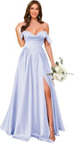 Off Shoulder Satin Bridesmaid Dresses Long Pleated Formal Dresses A Line Evening Gowns with Slit