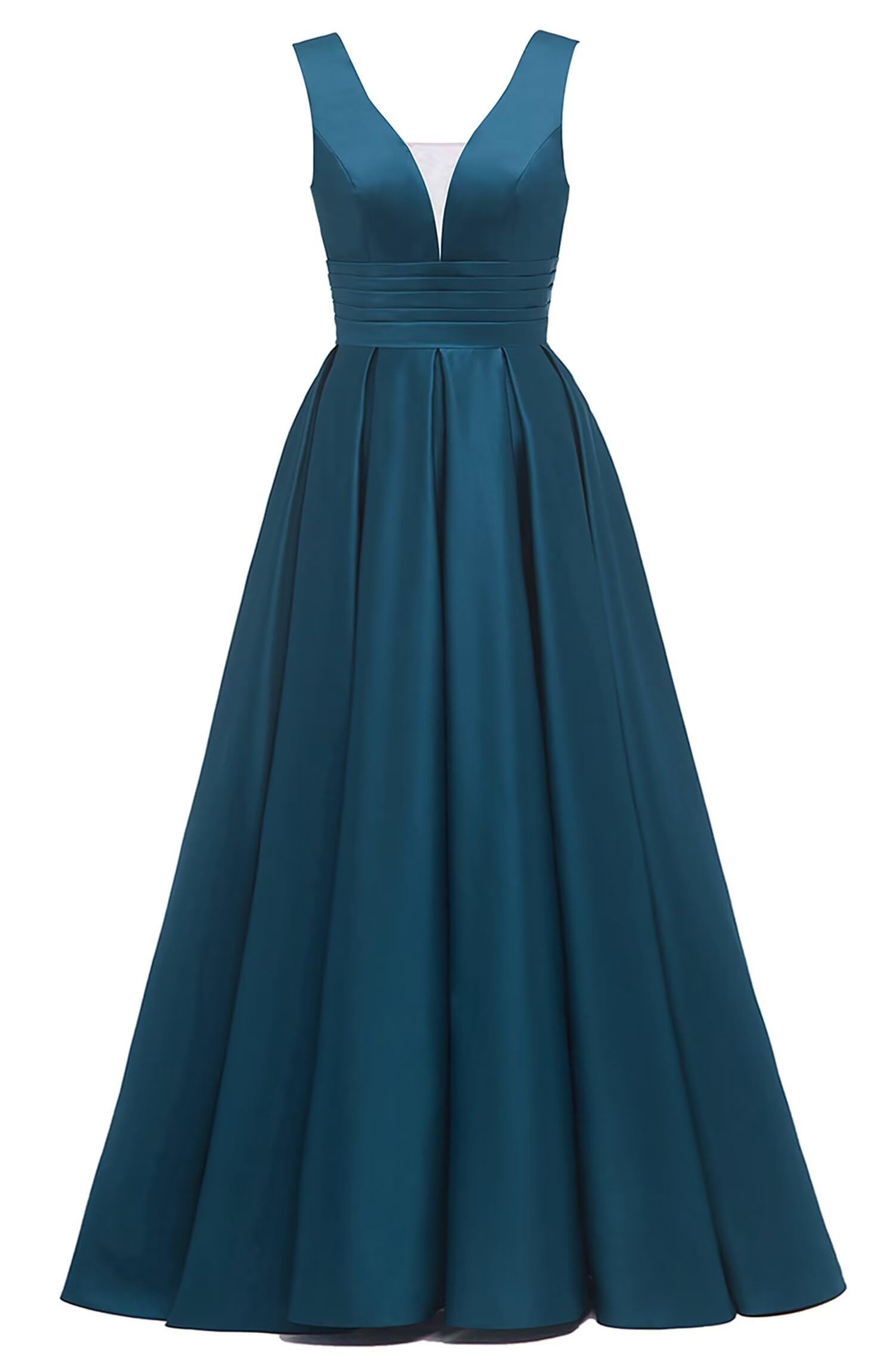 Glitter Satin Prom Dresses for Women Long V Neck A-Line Pleated Formal Evening Party Gowns with Pockets
