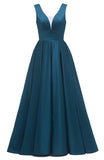 Glitter Satin Prom Dresses for Women Long V Neck A-Line Pleated Formal Evening Party Gowns with Pockets