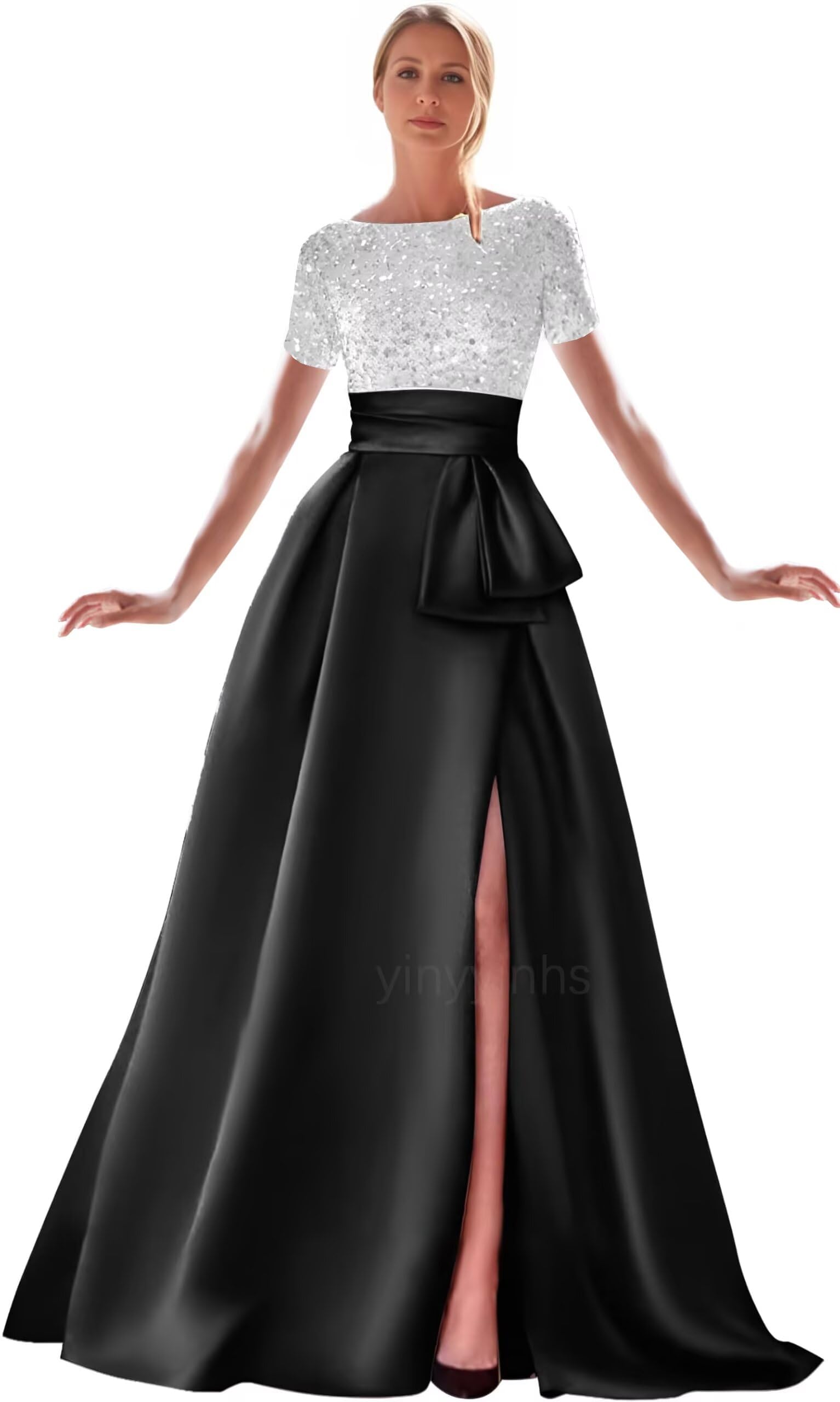 Kingbridal Gowns Short Sleeve Sequin Prom Dresses for Women 2026 Satin A-Line Sparkly Formal Evening Party Ball Gowns with Slit