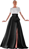 Kingbridal Gowns Short Sleeve Sequin Prom Dresses for Women 2026 Satin A-Line Sparkly Formal Evening Party Ball Gowns with Slit