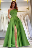 Women's One Shoulder Prom Dresses Long Satin Side Slit Formal Evening Gowns with Pockets