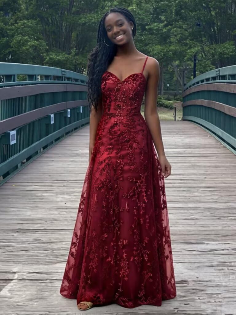 Spaghetti Strap Sparkly Prom Dress for Women Long Tulle Lace Formal Dress Laces Evening Party Gown