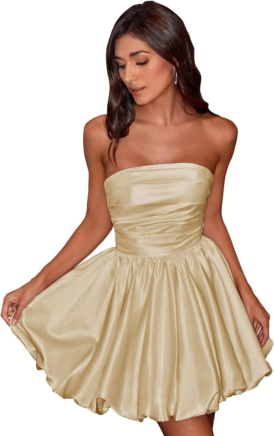 Short Satin A-Line Ruched Homecoming Dresses for Teens Strapless Ruched Mini Formal Cocktail Party Dress