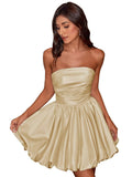 Short Satin A-Line Ruched Homecoming Dresses for Teens Strapless Ruched Mini Formal Cocktail Party Dress
